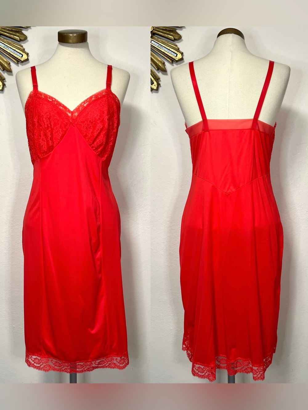 Vintage Red Lace Trim Slip Dress Chemise Lingerie